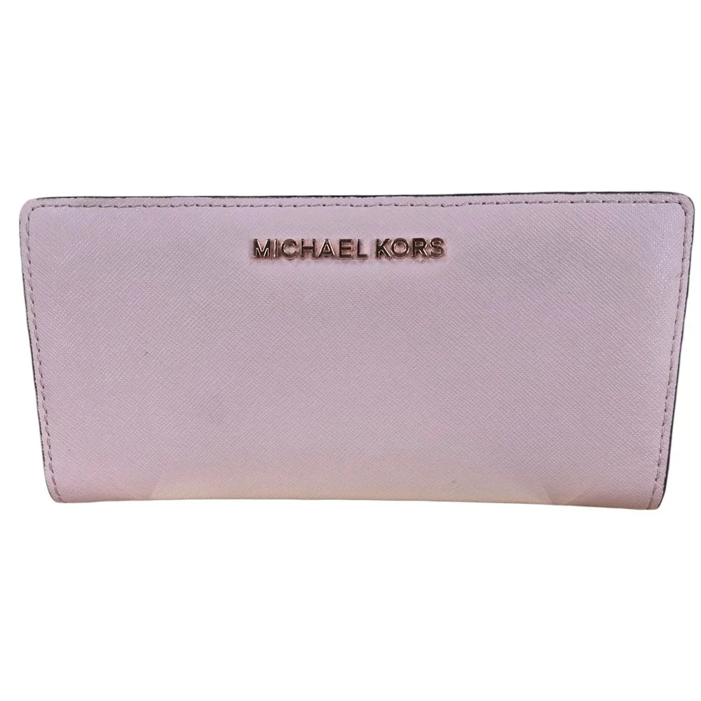 Michael Kors Pink Saffiano Leather Jet Set Bifold Slim Wallet Gold Logo